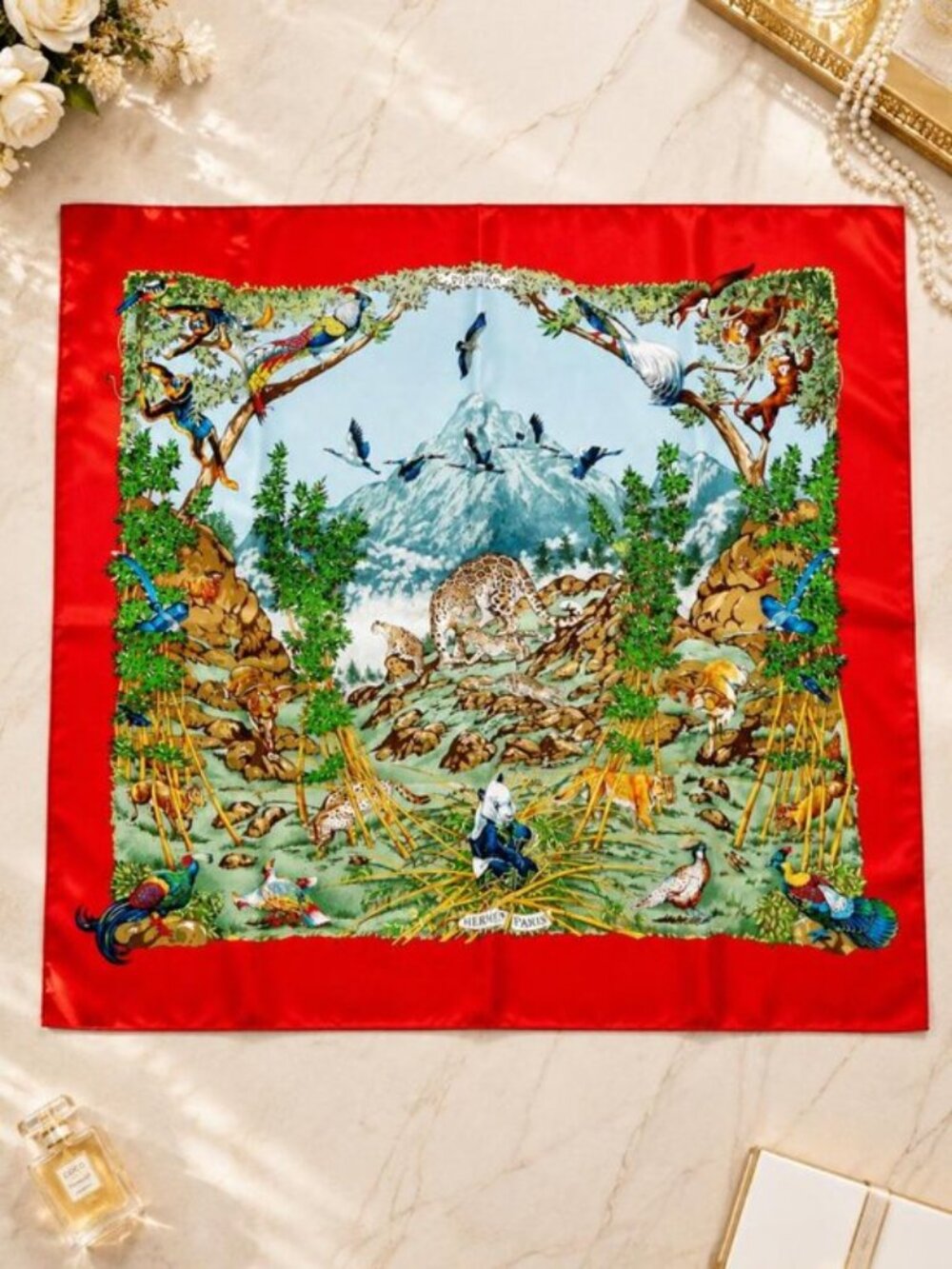 Authentic Hermès Sichuan Silk Scarf 90 Red Animal Print Carré Luxury Designer